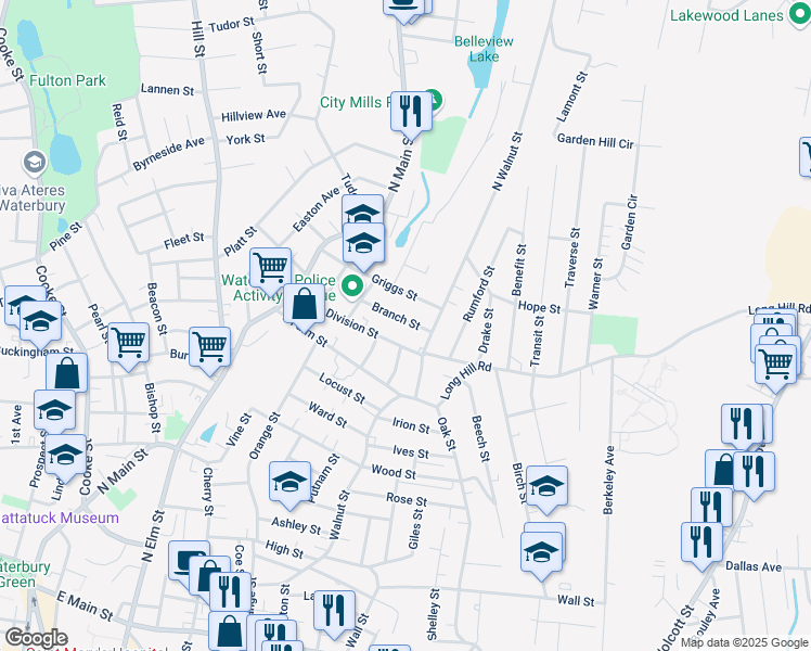 map of restaurants, bars, coffee shops, grocery stores, and more near 56 Branch Street in Waterbury
