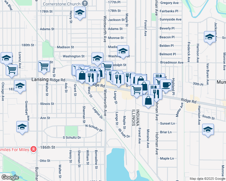 map of restaurants, bars, coffee shops, grocery stores, and more near 3641 Ridge Road in Lansing