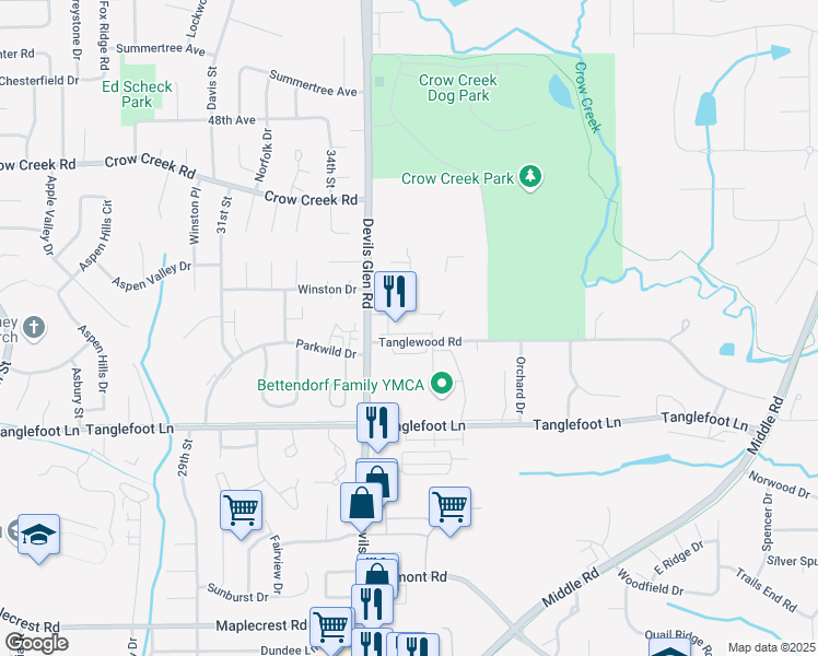 map of restaurants, bars, coffee shops, grocery stores, and more near 3636 Tanglewood Road in Bettendorf