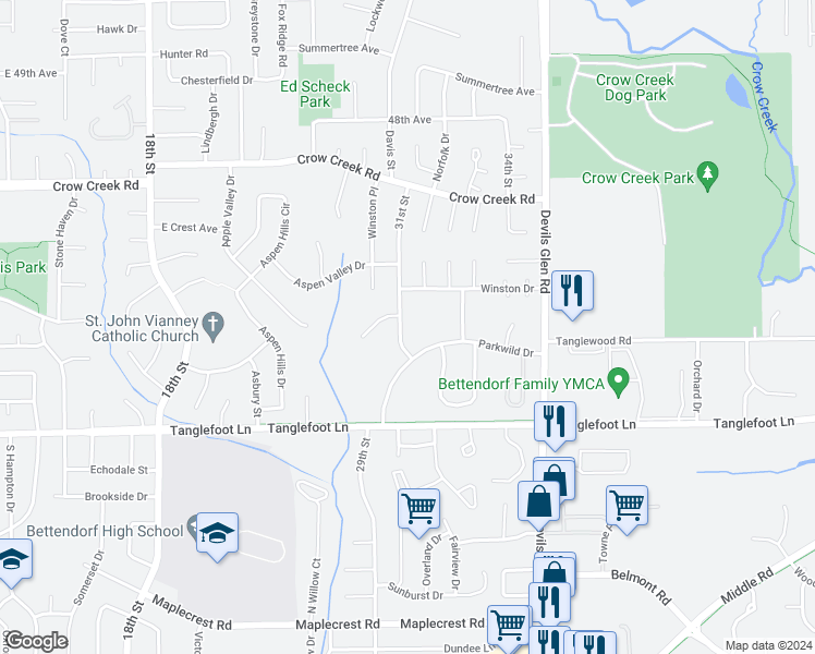 map of restaurants, bars, coffee shops, grocery stores, and more near 4125 31st Street in Bettendorf