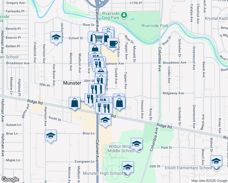 map of restaurants, bars, coffee shops, grocery stores, and more near 904 Fullerton Avenue in Munster