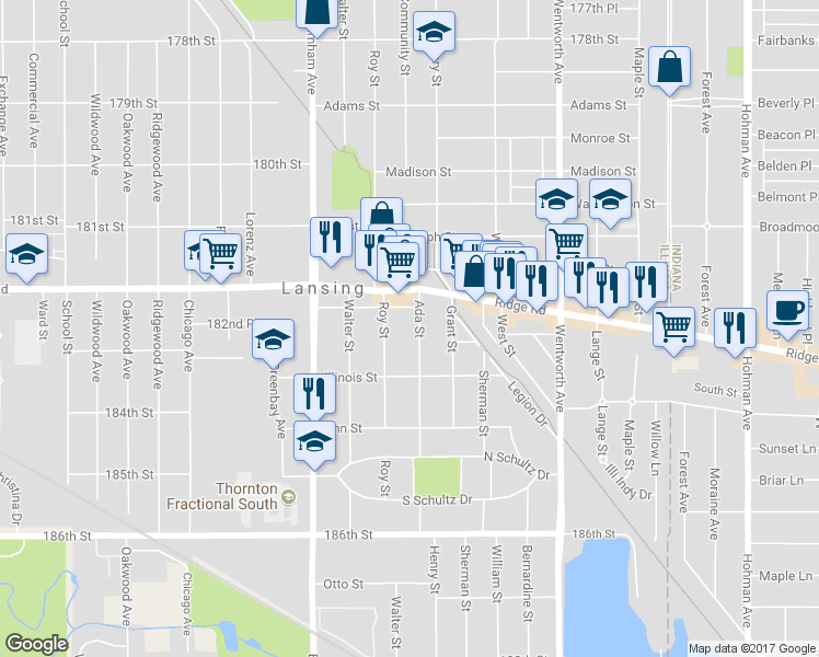map of restaurants, bars, coffee shops, grocery stores, and more near 18242 Ada Street in Lansing