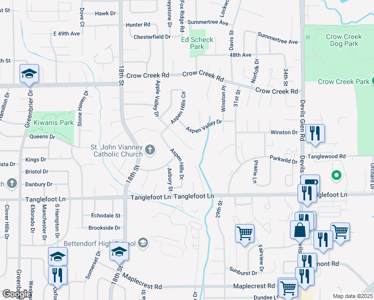 map of restaurants, bars, coffee shops, grocery stores, and more near 4130 Apple Valley Drive in Bettendorf