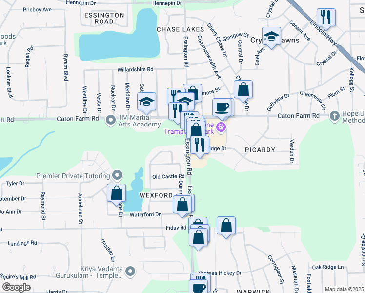 map of restaurants, bars, coffee shops, grocery stores, and more near 2295 Essington Road in Joliet