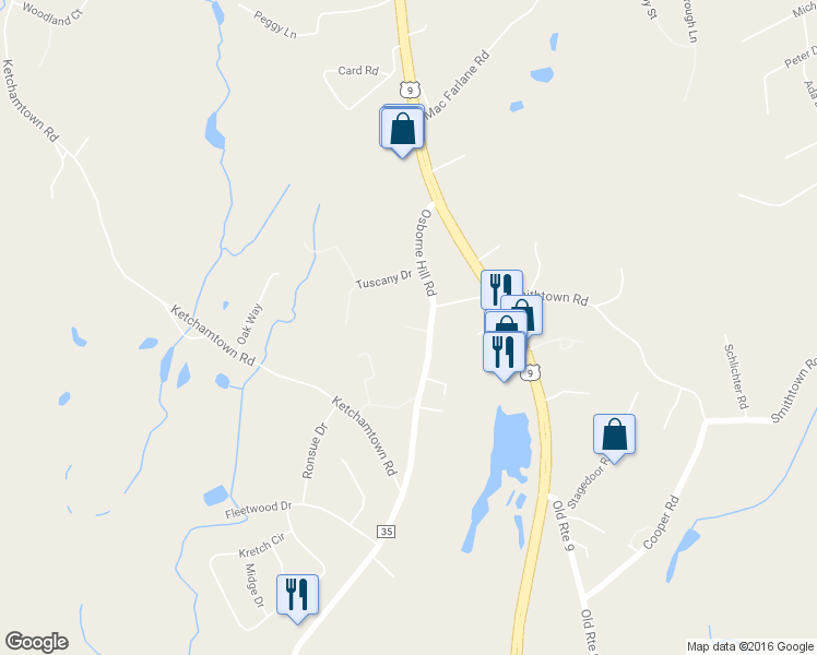 map of restaurants, bars, coffee shops, grocery stores, and more near 36 Osborne Hill Road in Wappingers Falls