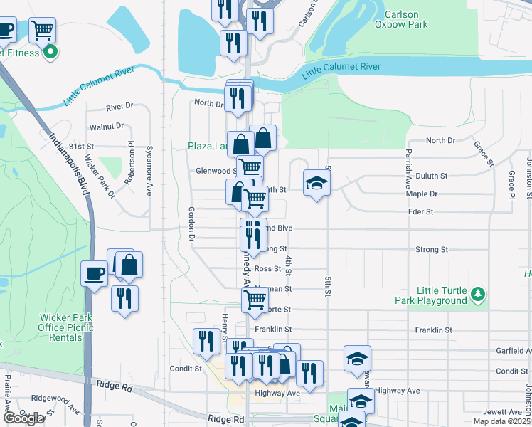 map of restaurants, bars, coffee shops, grocery stores, and more near 2824 Eder Street in Highland