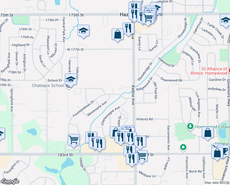 map of restaurants, bars, coffee shops, grocery stores, and more near 17909 Chartres Ct in Hazel Crest