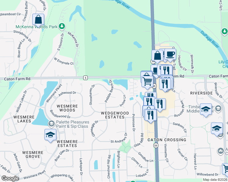 map of restaurants, bars, coffee shops, grocery stores, and more near 2305 Irvine Lane in Plainfield
