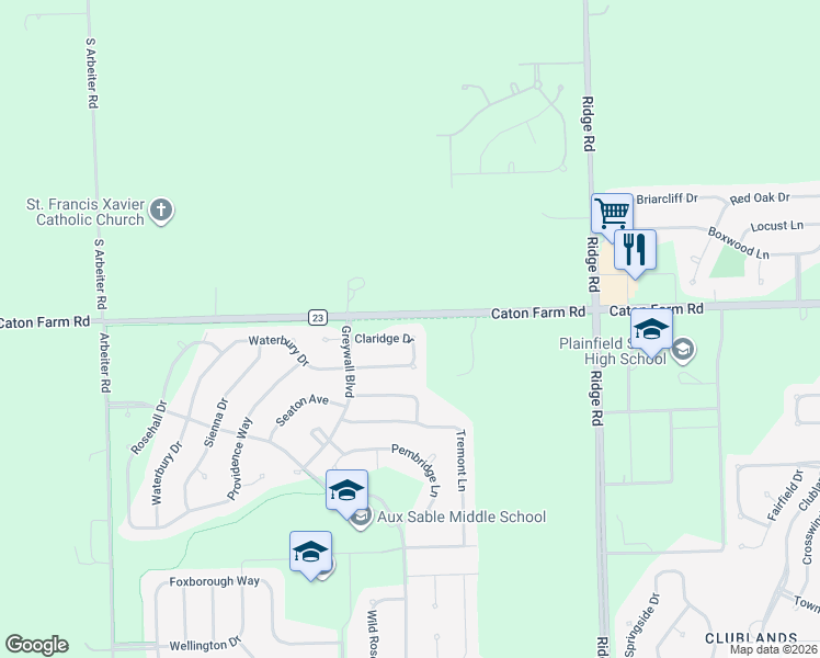 map of restaurants, bars, coffee shops, grocery stores, and more near 8201 Claridge Drive in Joliet