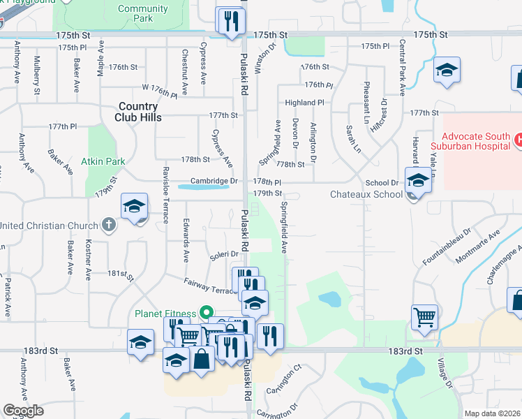 map of restaurants, bars, coffee shops, grocery stores, and more near 17911 Crawford Avenue in Homewood
