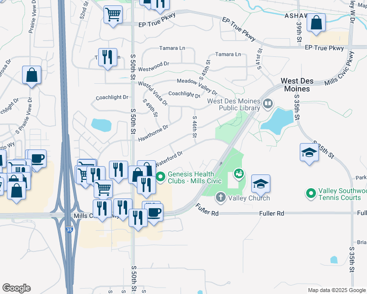 map of restaurants, bars, coffee shops, grocery stores, and more near 4723 Waterford Drive in West Des Moines