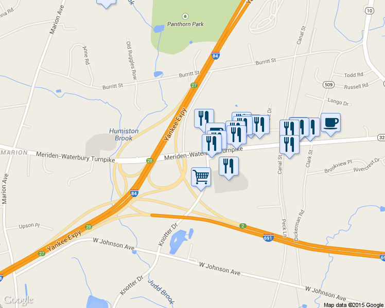 map of restaurants, bars, coffee shops, grocery stores, and more near Meriden-Waterbury Turnpike in Cheshire