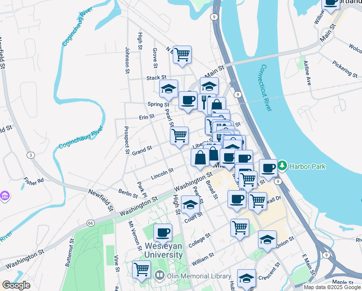 map of restaurants, bars, coffee shops, grocery stores, and more near 177 Pearl Street in Middletown