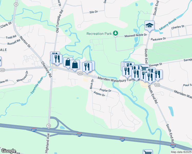map of restaurants, bars, coffee shops, grocery stores, and more near Meriden-Waterbury Turnpike in Cheshire