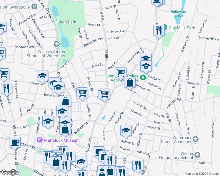 map of restaurants, bars, coffee shops, grocery stores, and more near 37 Hill Street in Waterbury