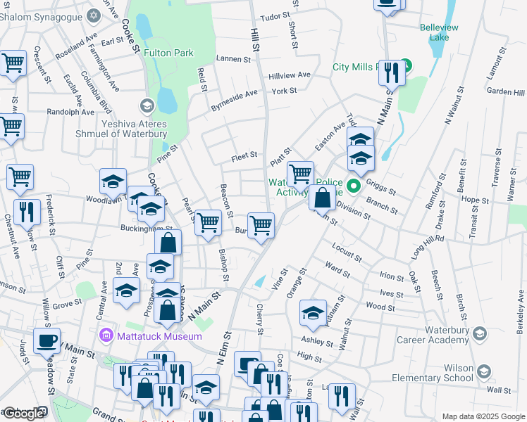 map of restaurants, bars, coffee shops, grocery stores, and more near 37 Hill Street in Waterbury