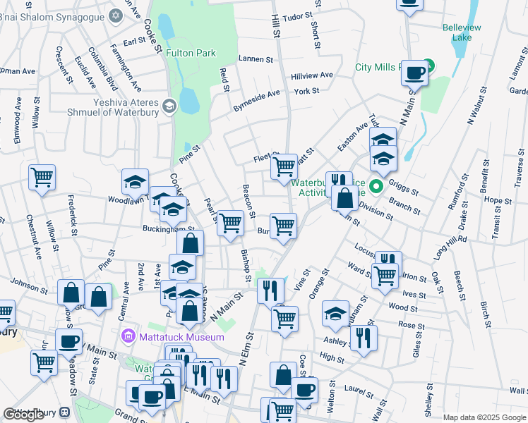 map of restaurants, bars, coffee shops, grocery stores, and more near 50 Summer Street in Waterbury