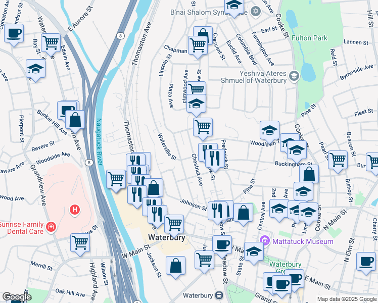 map of restaurants, bars, coffee shops, grocery stores, and more near 12 Wyman Street in Waterbury
