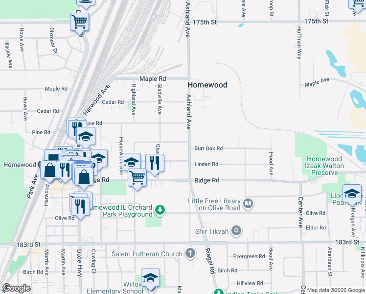 map of restaurants, bars, coffee shops, grocery stores, and more near 1639 Burr Oak Road in Homewood