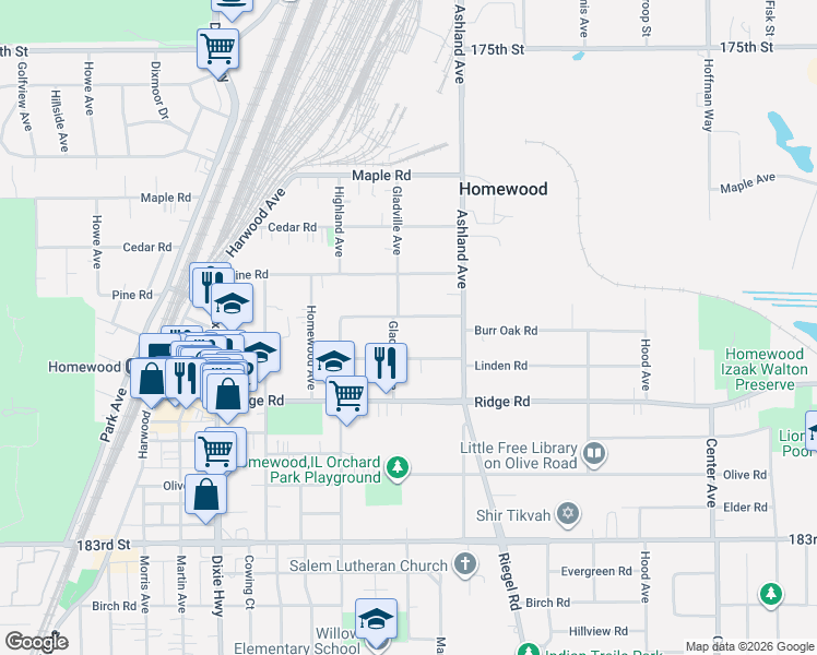 map of restaurants, bars, coffee shops, grocery stores, and more near 17930 Gladville Avenue in Homewood