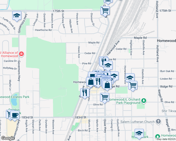 map of restaurants, bars, coffee shops, grocery stores, and more near 2141 Chestnut Road in Homewood