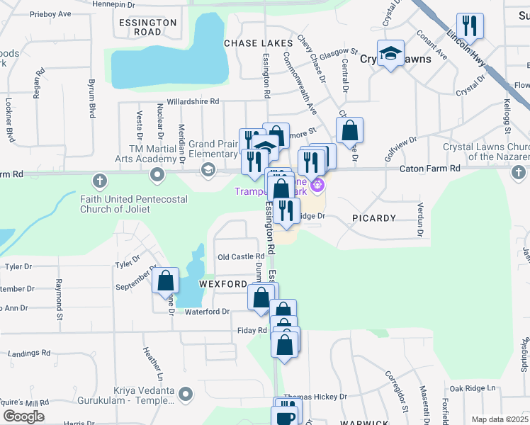 map of restaurants, bars, coffee shops, grocery stores, and more near 2295 Essington Road in Joliet
