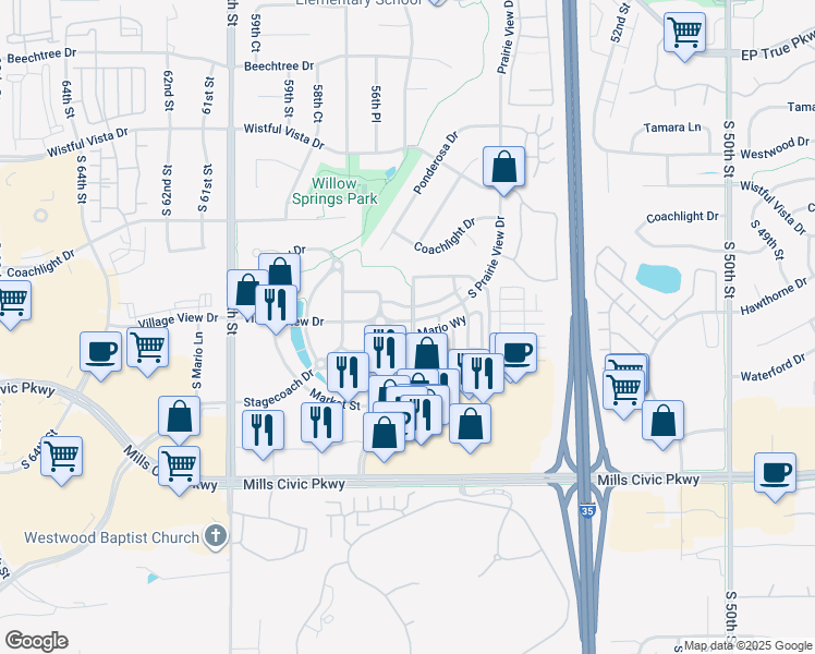 map of restaurants, bars, coffee shops, grocery stores, and more near 5544 South Prairie View Drive in West Des Moines