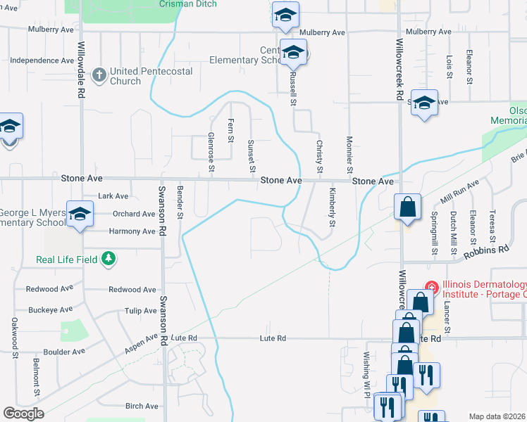 map of restaurants, bars, coffee shops, grocery stores, and more near 5701-5785 Stone Avenue in Portage
