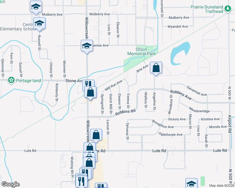 map of restaurants, bars, coffee shops, grocery stores, and more near 3050 Eleanor Street in Portage