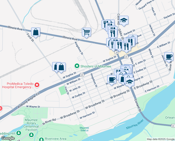 map of restaurants, bars, coffee shops, grocery stores, and more near 404 West Sophia Street in Maumee