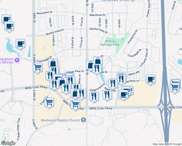map of restaurants, bars, coffee shops, grocery stores, and more near 5950 Village View Drive in West Des Moines