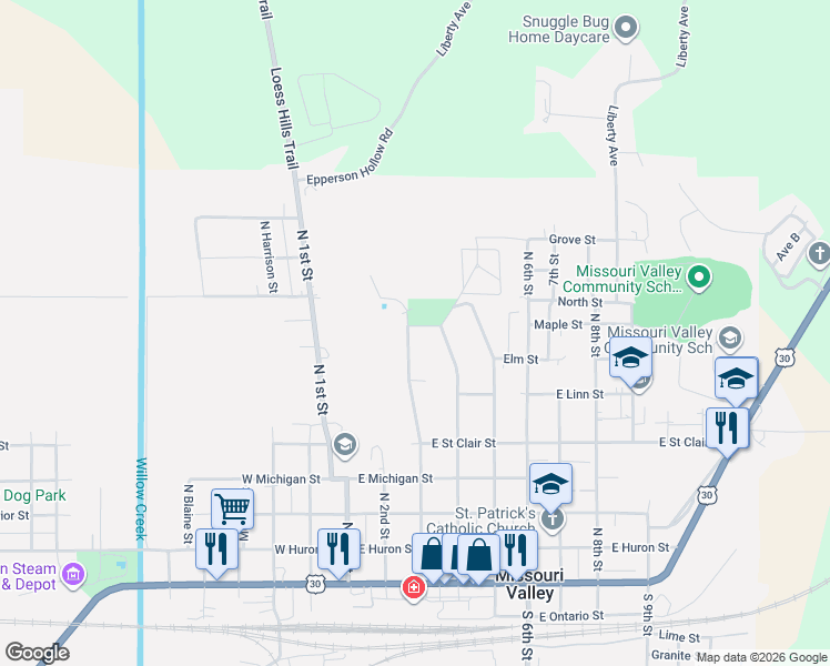 map of restaurants, bars, coffee shops, grocery stores, and more near 584 North 3rd Street in Missouri Valley