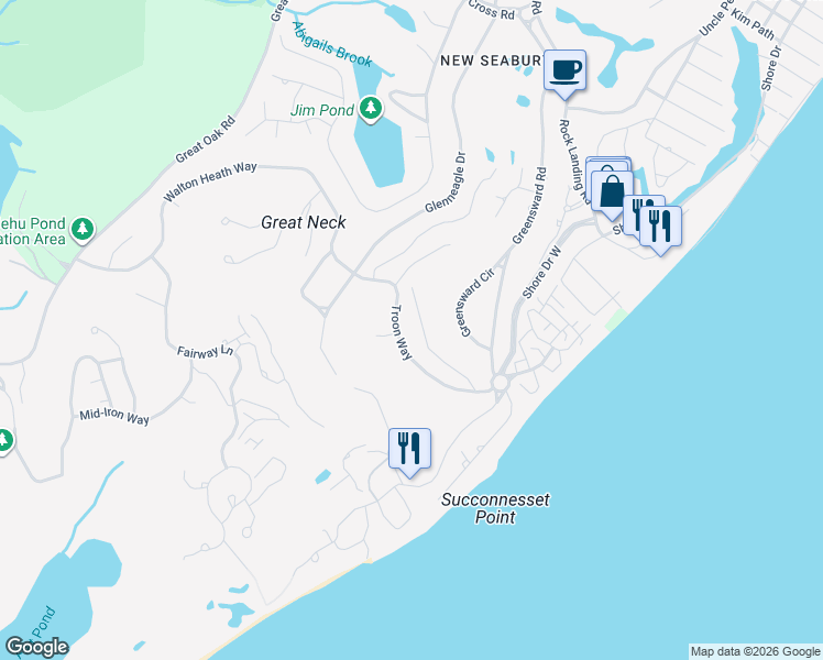 map of restaurants, bars, coffee shops, grocery stores, and more near 48 Troon Way in Mashpee
