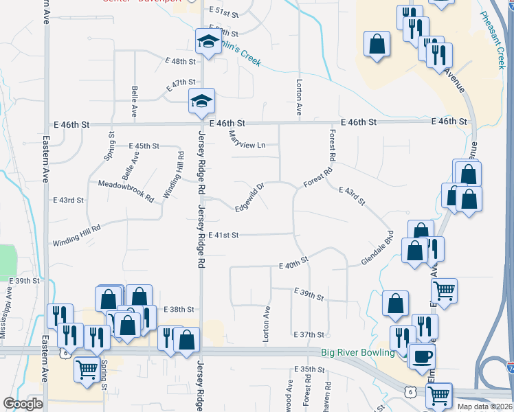 map of restaurants, bars, coffee shops, grocery stores, and more near 2515 Edgewild Drive in Davenport