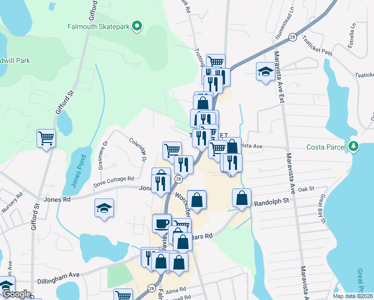 map of restaurants, bars, coffee shops, grocery stores, and more near 100 Teaticket Highway in Falmouth