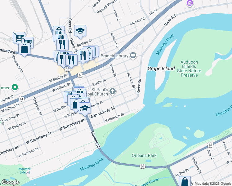 map of restaurants, bars, coffee shops, grocery stores, and more near 319 E Wayne St in Maumee