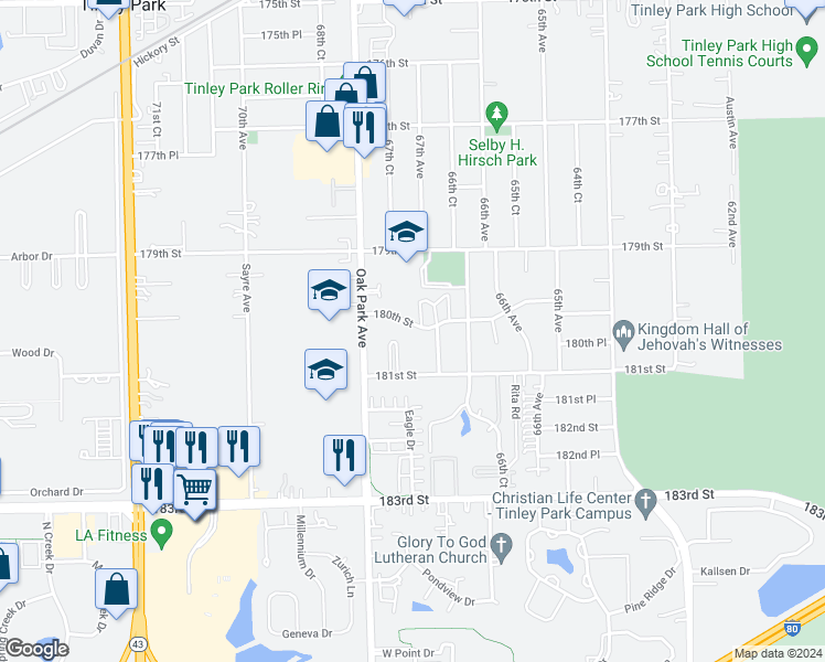 map of restaurants, bars, coffee shops, grocery stores, and more near 6715 180th Street in Tinley Park