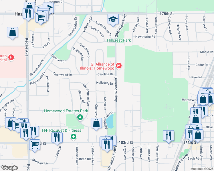 map of restaurants, bars, coffee shops, grocery stores, and more near 2717 Hollydale Drive in Homewood