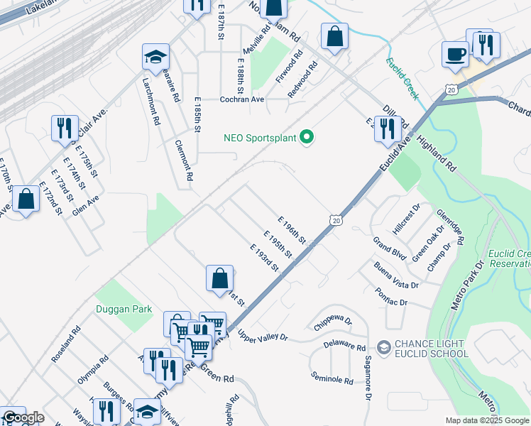 map of restaurants, bars, coffee shops, grocery stores, and more near 1500 E 196th St in Euclid