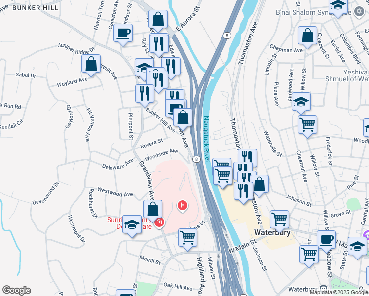 map of restaurants, bars, coffee shops, grocery stores, and more near 363 Watertown Avenue in Waterbury