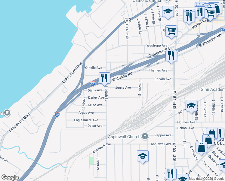 map of restaurants, bars, coffee shops, grocery stores, and more near 647 East 140th Street in Cleveland