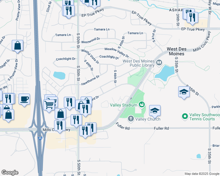 map of restaurants, bars, coffee shops, grocery stores, and more near 4703 Waterford Drive in West Des Moines