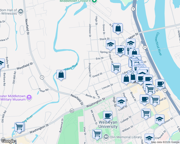 map of restaurants, bars, coffee shops, grocery stores, and more near Prospect Street in Middletown