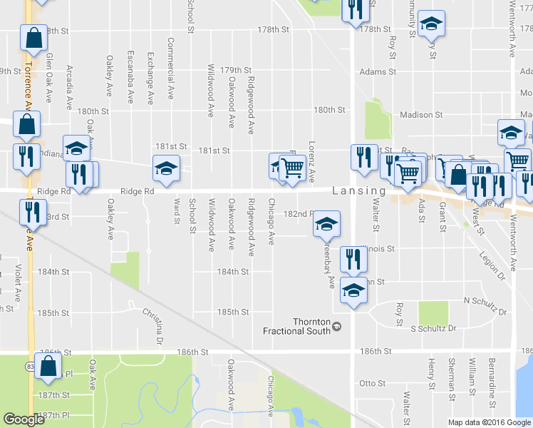 map of restaurants, bars, coffee shops, grocery stores, and more near 18236 Chicago Avenue in Lansing