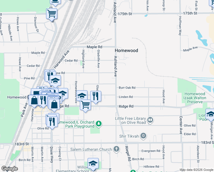 map of restaurants, bars, coffee shops, grocery stores, and more near 1639 Burr Oak Road in Homewood