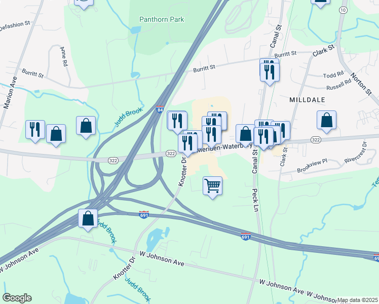 map of restaurants, bars, coffee shops, grocery stores, and more near 1850 Meriden-Waterbury Turnpike in Cheshire