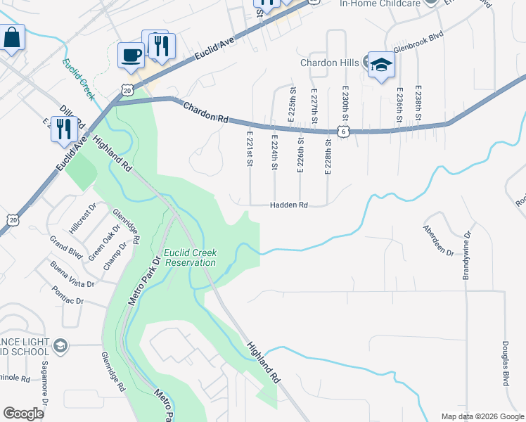 map of restaurants, bars, coffee shops, grocery stores, and more near 22250 Hadden Road in Euclid