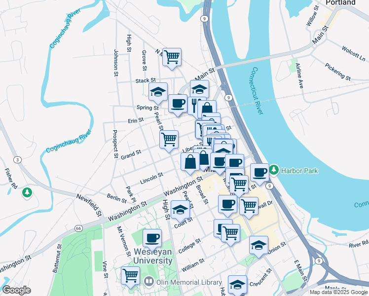 map of restaurants, bars, coffee shops, grocery stores, and more near 42 Liberty Street in Middletown