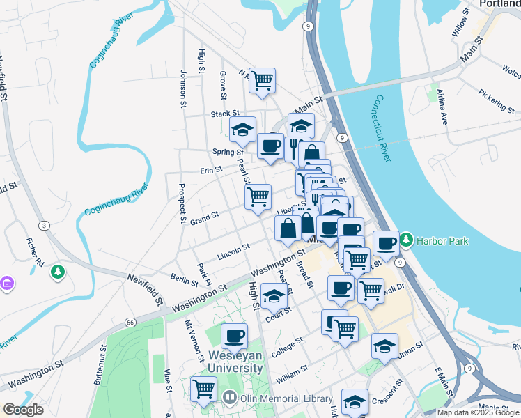 map of restaurants, bars, coffee shops, grocery stores, and more near 177 Pearl Street in Middletown