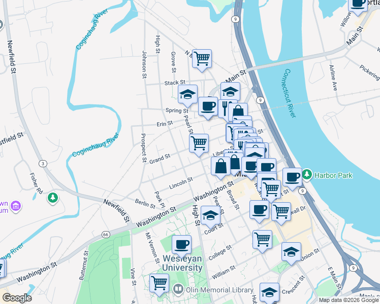 map of restaurants, bars, coffee shops, grocery stores, and more near 177 Pearl Street in Middletown
